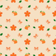 ​Orange Cream Roll Cake Dessert and Flower Pattern, Seamless Repeat Texture with Elegant Bows, Leaves, and Warm Pastel Background for Wrapping, Fabric, and Wallpaper Design