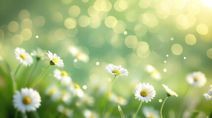 Soft focus daisies in a sundappled green field