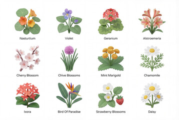 3D Isometric flowers illustration icon pack isolated on white background, nasturtium, violet, geranium, cherry blossom, chamomile, ixora, and daisy set