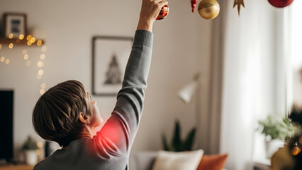 Man with red highlighted shoulder and neck pain while decorating for Christmas holidays at home
