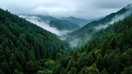 Lush mountain forest valley with mist and layered peaks under cloudy sky evoking serene mood