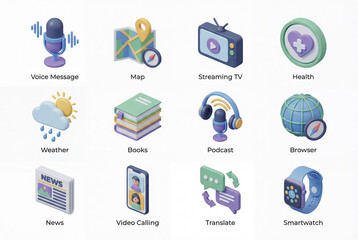 Digital lifestyle 3d icon collection isolated on white background. voice message, streaming tv, podcast, browser, news and smartwatch. media and communication set concept