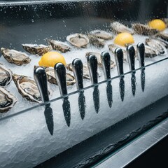 Fresh Oysters Displayed on Ice with Sliced Lemons and Silver Utensils at a Restaurant