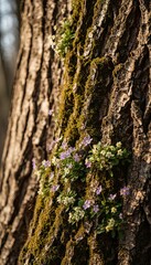 Close Up Of Delicate Purple And White Wildflowers Growing On Mossy Tree Bark In Soft Sunlight