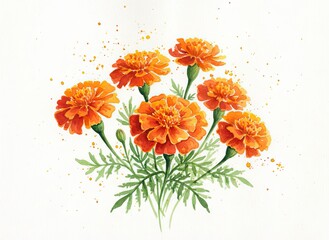 Vibrant Orange Marigolds Watercolor Painting with Green Leaves and Splattered Orange Accents on White Background