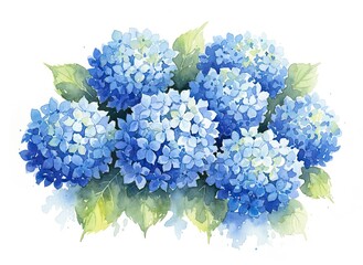 Vibrant Blue Hydrangea Flowers with Green Leaves Watercolor Painting Delicate Petals Soft Lighting