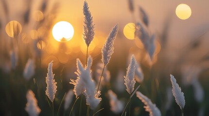 White feathery plants silhouetted against a golden sunset with bokeh