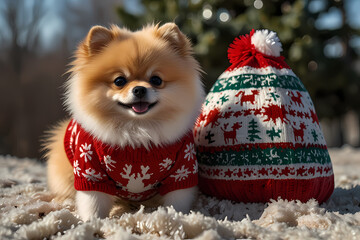 A pomeranian wearing a Christmas sweater