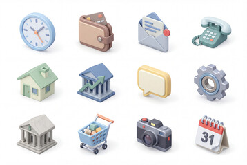 Interface and business 3d icon collection isolated on white background. wallet, house, bank, calendar, shopping cart and telephone. communication and service set concept