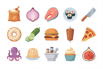 Flat gastronomy illustration icon pack isolated on white background, flour, onion, salmon, sushi, doughnut, cucumber, hamburger, pizza, and fig set
