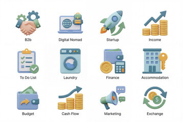 Digital nomad 3d icon collection isolated on white background. income, finance, budget, startup, accommodation and marketing. remote work and lifestyle set concept