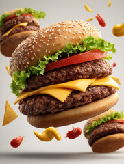Juicy double cheeseburger with sesame bun lettuce tomato melting cheese and beef patty in midair with ketchup and mustard splashes, appetizing commercial food photography