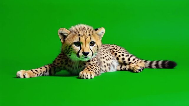 Adorable cheetah cub lying down on a vivid green screen, showcasing its cute spotted fur and innocent expression, perfect for nature and conservation themes.