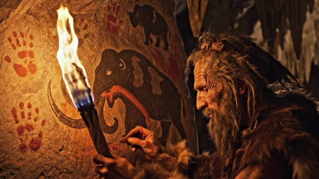 Man creating primitive cave painting illuminated by torch light depicting mammoth and handprints for ancient history concept.