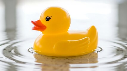 Yellow Rubber Duck Floating on Water with Ripples and Reflection.
