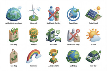 Isometric Earth Day illustration icon pack isolated on white background, 3d windmill, solar panel, eco bag, car, no plastic bottles, and save water set