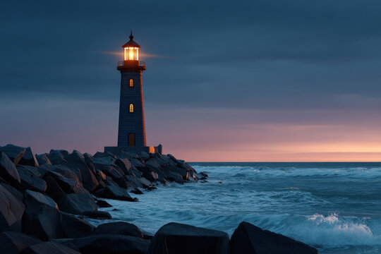 Lighthouse on rocky breakwater at dusk with glowing lantern guiding waves and calm seascape, moody sky and warm light creating serene coastal atmosphere