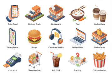 Isometric food delivery illustration icon pack isolated on white, 3d delivery truck, restaurant, smartphone, online order, shopping cart, and tracking set