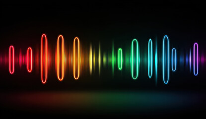 Obraz premium Colorful neon sound wave equalizer glowing across dark background with rainbow gradient and dynamic music energy visualization