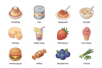 Isometric gastronomy illustration icon pack isolated on white background, 3d pudding, can, spaghetti, cereals, cheese, strawberry, ice cream, and hamburger set