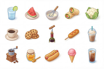 Isometric gastronomy illustration icon pack isolated on white, 3d watermelon, whisk, wrap, corndog, frappe, coffee grinder, honey, hot dog, and ice cream set