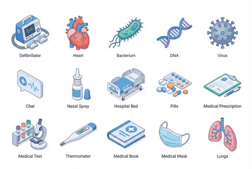 Isometric medical illustration icon pack isolated on white background, 3d defibrillator, heart, bacterium, DNA, virus, hospital bed, pills, and lungs set