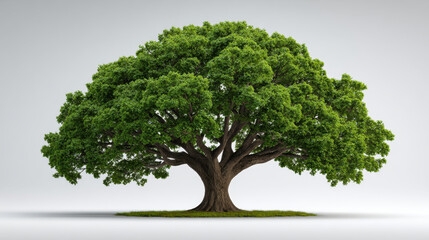 Majestic large oak tree with sprawling canopy, textured trunk and lush green foliage standing alone on short grass, serene natural scene with soft studio lighting and photorealistic detail