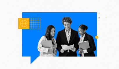 Group of three professionals collaborates on a project, analyzing documents and sharing ideas. They...