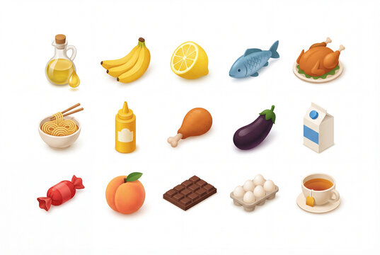 Isometric gastronomy illustration icon pack isolated on white background, 3d oil, banana, lemon, fish, turkey, noodles, mustard, chicken, milk, and chocolate set