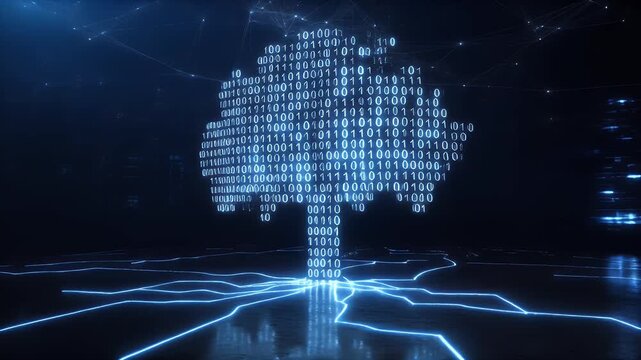 A digital tree made of binary code, symbolizing technology's growth and data integration in a futuristic environment.