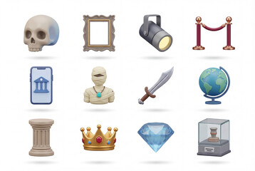 Museum 3d icon collection isolated on white background. skull, mummy, column, sword, crown and world map. history and ancient exhibition set concept