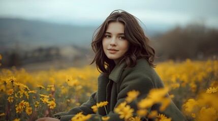 Melancholic Caucasian woman amid blooming dandelions, capturing serene isolation on World Poetry Day, exuding lyrical solitude
