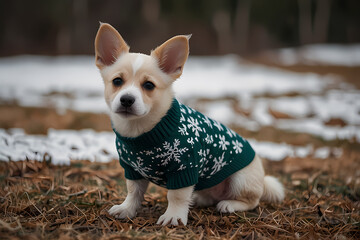 A puppy wearing a tiny Christmas sweater with snowflake patterns