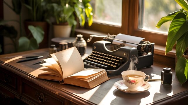 A vintage typewriter surrounded by handwritten poetry manuscripts and a steaming cup of coffee on World Poetry Day soft golden light enhancing the mood Literary creative stock quality