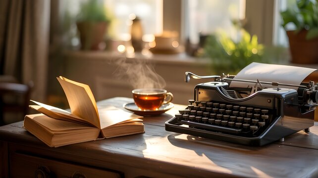 A vintage typewriter surrounded by handwritten poetry manuscripts and a steaming cup of coffee on World Poetry Day soft golden light enhancing the mood Literary creative stock quality