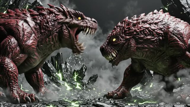 Two red monster creatures confront each other in a dark rocky landscape with glowing acid, then fight with energy blasts