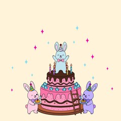 ​Adorable pastel cartoon bunnies celebrating a birthday party with a huge tiered pink chocolate cake decorated with candles and sprinkles, festive vector illustration on a light background