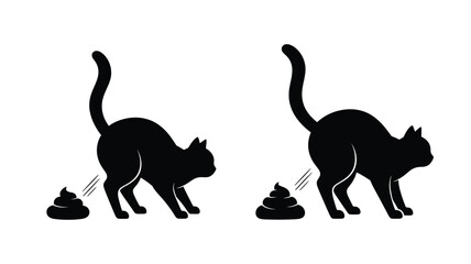 Two black cats in a squatting position leaving droppings silhouette