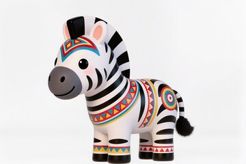 Obraz premium Cute 3d chibi zebra mascot decorated with Tây Nguyên tribal patterns, cheerful face, glossy toy style, isolated on white.
