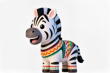 Obraz premium Cute 3d chibi zebra mascot decorated with Tây Nguyên tribal patterns, cheerful face, glossy toy style, isolated on white.