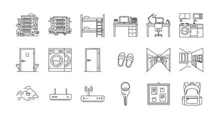 Essential dorm room essentials: furniture, appliances, and study spaces in linear style