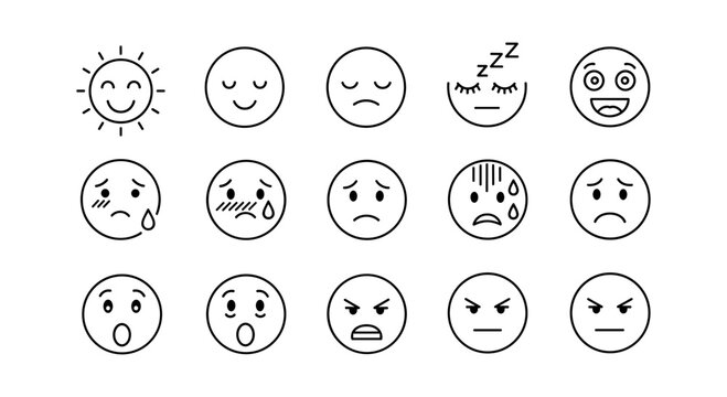 Set of simple linear emoji faces showing various emotions