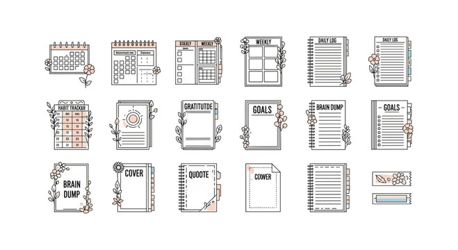 Minimalist planner icons with floral decorations for bullet journals and organizers - Powered by Adobe