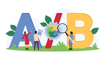 AB test, bucket testing, user experience research methodology. Tiny people compare versions of webpage, software or mobile app, examine AB text with magnifying glass cartoon vector illustration