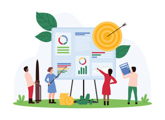 Business growth plan, effective financial strategy of company analysis on team meeting. Tiny people with pen and calculator work with infographic data reports on board cartoon vector illustration