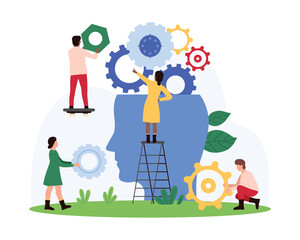 Engineers working on innovative projects using gears and other mechanical components. Large head silhouette represents creative thinking vector illustration.