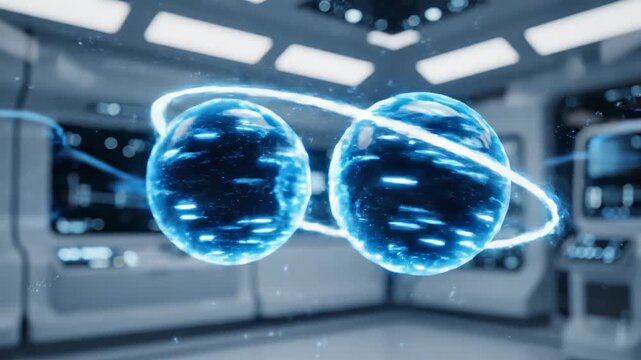 Blue light energy particles in modern sci-fi research lab. Technological experimentation with glowing spheres and electrical discharge.