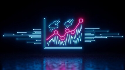 Neon weather forecast graph with rising trend and rainy icons.