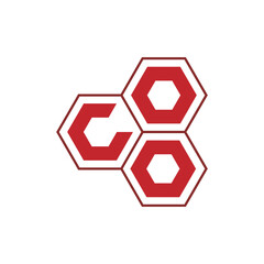 this is a flat geometric logo design of three hexagonal shapes with one of them shapes like letter C in red color on a white background