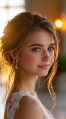 A woman with long hair and a pretty face is wearing a white dress. She is smiling and looking at the camera